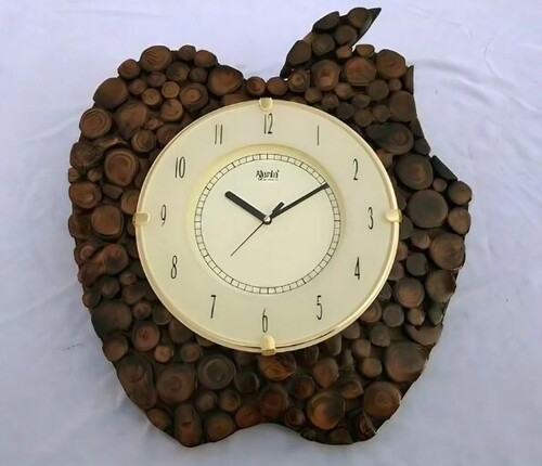 Wooden Wall Clock - Apple Shape, Round Design in Elegant Brown | Multi-Color Vintage Style, Requires 2 Batteries