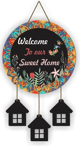 Welcome To Our Sweet Home - 21x26 Inches Round Wooden Wall Hanging | Multicolor Handmade Design, Elegant Intricate Detailing, Lightweight Versatile Decor