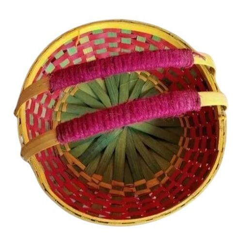 Bamboo Floral Basket - Round Shape, Cream And Red | Handwoven, Lightweight Design, Eco-Friendly Material, Easy To Clean, Water Resistant, Antibacterial