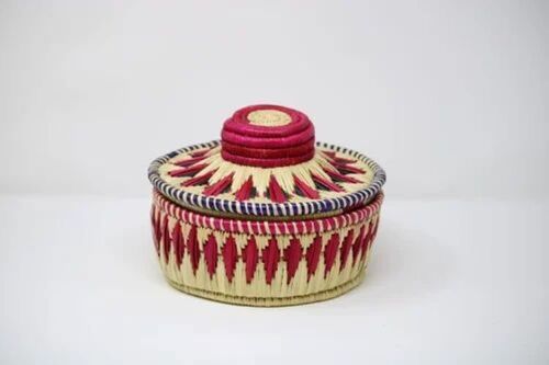 Handicraft Basket - Bamboo, Round, Cream and Pink | Premium Quality, Durable Structure, Natural Fibers, Rustic Appearance, Multi-Purpose Use, Artistic Craftsmanship, Fireproof Standard, Easy To Clean, Hygienic, Water Resistant, Moisture Proof, Recyclable