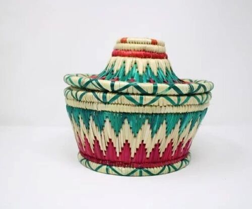 Handicraft Decorative Basket - Bamboo, Round Shape | Cream and Pink, Minimalist Design, Water-Resistant Coating, Lightweight Portability, Vintage Appeal