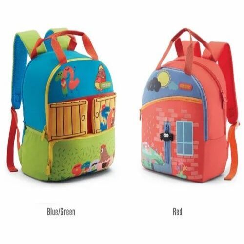 Kids School Bag - Polyester Material, Customizable Size, Blue/Green and Red Printed Design | Attractive Unisex Zipper Closure Bag