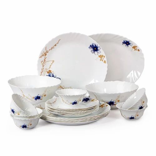 Round Dinnerware Set - 19-Piece Ceramic Collection | Customizable Size Elegant White Printed Round Design in Box Packaging