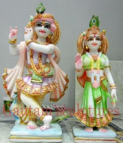Makrana Marble Radha Krishna Worship Sculpture - 3 Feet Size Painted White Finish Carved Design Easy To Clean Lightweight