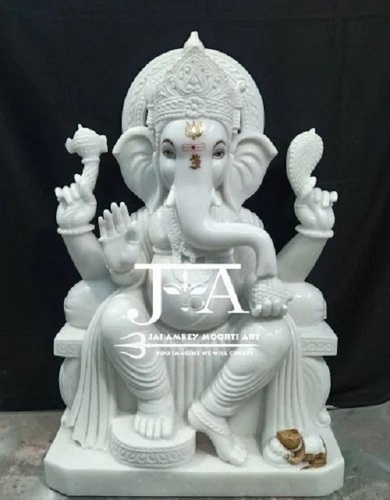 Left Trunk Ganesha Statue - 3.25 Feet, White Vietnam Marble | Eco-Friendly, Water Resistant, Washable, Scratch Resistant, Indian Religious Style