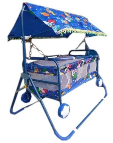 Blue 4 Wheels Mosquito Net Folding Baby Cradle - Blue and White, Plastic and Stainless Steel | Portable Cradle, Gentle Rocking, Safety Lock, Compact Storage, Durable Fabric, Padded Edges