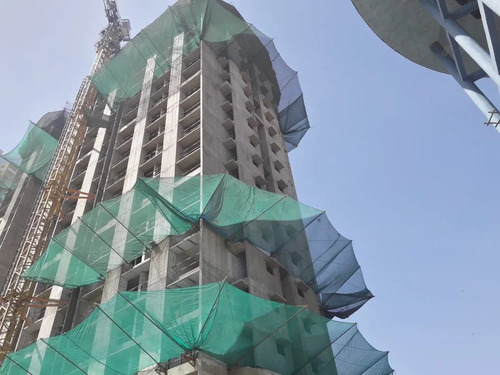 HDPE Nylon Safety Net - 3m x 50m, Green And Yellow | 50% Shade Factor, Non Glossy, 50% Density Mesh for Warehouse and Safety Applications