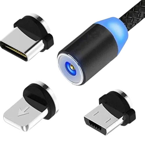 Magnetic Cable - Nylon Fiber, 1mtr, Black | Multi-Device Compatibility: USB to Micro USB, iPhone, and Type-C for Mobile, Tablet, Laptop