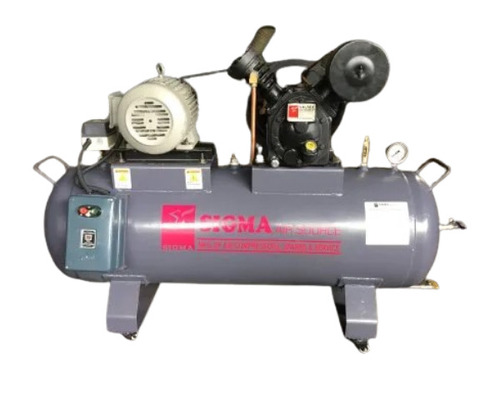 Reciprocating Air Compressor - 3 HP, 2 Cylinders, AC Three Phase | 10.80 CFM Max Flow Rate, 100-500L Air Tank Capacity, 10-50 Bar Discharge Pressure, Industrial Use, Air Cooled, Gray and Black