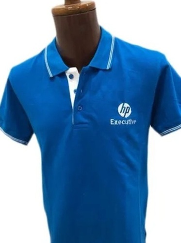 Cotton Promotional T-Shirt - Regular Fit, Blue and White Color with Collar and Half Sleeves | Unisex, Plain Design for Corporate Events
