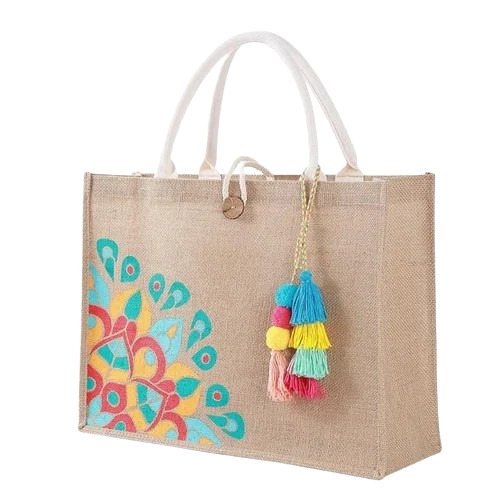 Jute Carry Bags - Light Weight, Washable, 5 KG Capacity | Attractive Printed Design, Long Lasting, Hand Length Handle