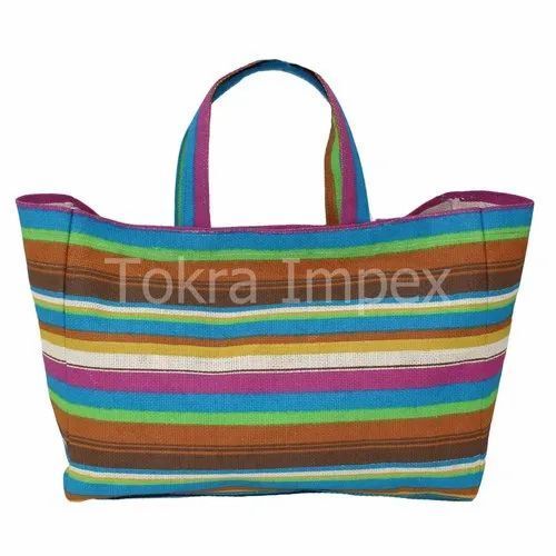 Stripe Print Jute Shopping Bag