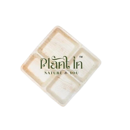 4 Compartment Areca Leaf Plate - 10 Inch, Square Shape | Polished Finish, Compartment Design, Pack of 50 Pieces