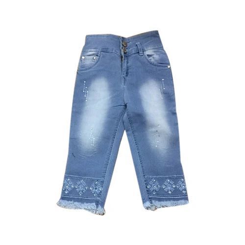 Girls Denim Capri - Premium Soft Fabric, Mid-Rise Faded Wash, Elastic Waistband | Casual Wear for All Seasons