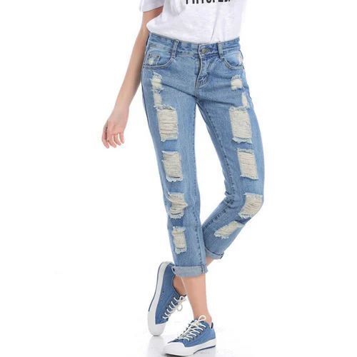 Ladies Slim Fit Denim Jeans - Light Blue Faded Wash, Premium Soft Stretchable Fabric, Mid-Rise Button Closure, Water Proof and Cool Dry