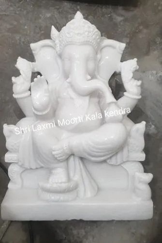 Marble God Ganesh Statue - 1.5 ft White and Golden Glossy Finish | Hand Made Carved Durable Washable Hygienic