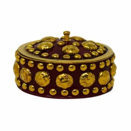 Brass Maroon Sindoor Box With Dotted Design