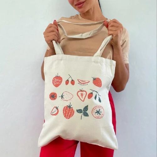 Cotton Printed Tote Bag - 5 Kg Capacity, Handled Cotton Design in White | Customizable Color Options & Versatile Size