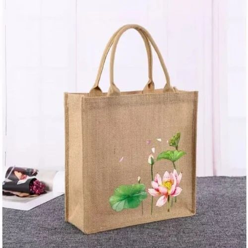 Rubber Printed Jute Bag - 5 Kg Capacity, Brown Color with Short Cotton Padded Rope Handle