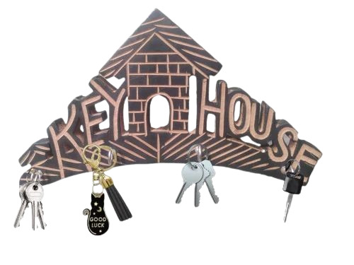 Wooden Key Holder - Antique Design with 5 Hooks, Hanging Type - 12in Brown Wooden Key House