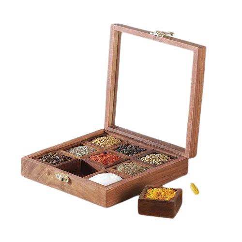 Wooden Spice Box - 9 Piece Set, Square Design in Rich Brown | Elegant Wooden Material for Spice Storage