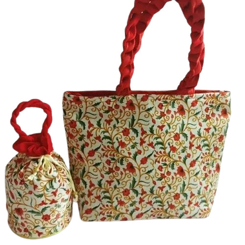 Combo Set Ladies Handbags - Raw Silk, 9x14 Inch & 8 Inch Potli , Light Brown Color with Attractive Embroidery Design