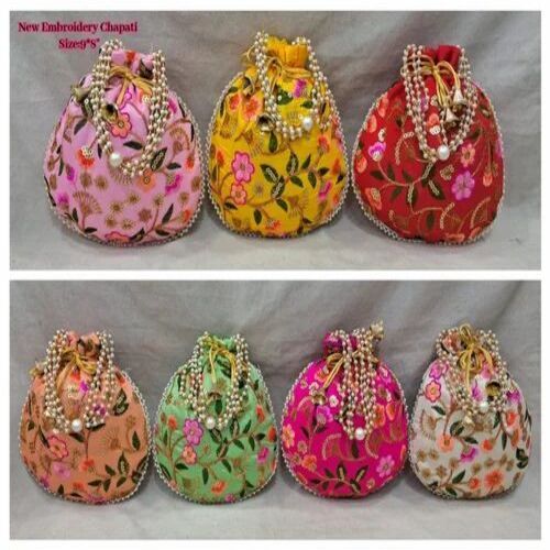 Floral Embroidery Potli Bags - Silk Material, Assorted Colors, 1kg Capacity | Attractive Design, Customizable Size, Elegant Rope Handle