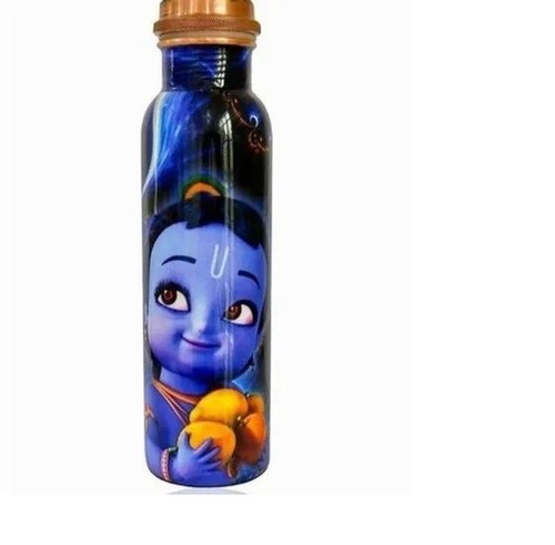 Krishna Printed Copper Water Bottle - 1 Ltr, Multiple Colors , Leak Proof Round Flask with Screw Cap for Beverage Use