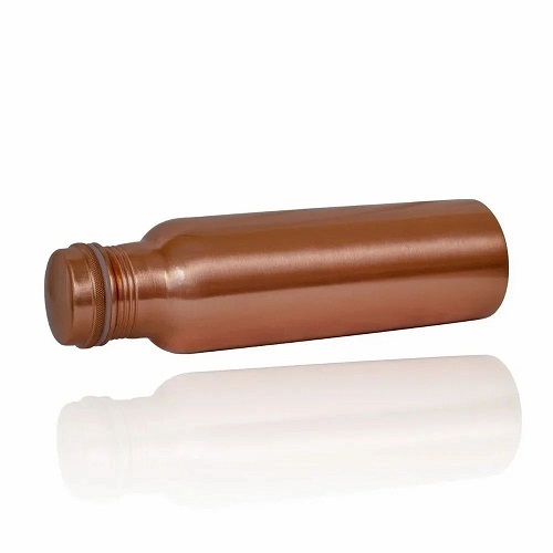 Plain Copper Water Bottle - 1 Ltr Leak Proof Flask, Polished Finish, Screw Cap Design, Round Shape