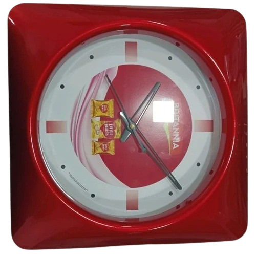 Square Wall Clock - Plastic, 25cm X 25cm, Red Color - New Analog Design, Ideal For Home And Office