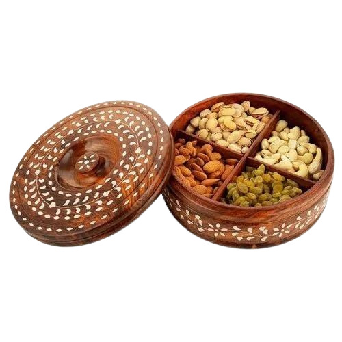 Wooden Dry Fruit Storage Box - Round Polish Finish with 4 Compartments | Handcrafted Elegance for Organized Snacking