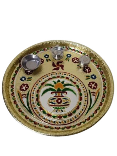 Decorative Steel Pooja Thali - 12 Inch Round Golden Color | Easy to Clean Eco-Friendly Lightweight Washable Indian Religious Design