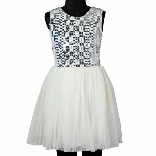 Designer Kids Party Wear Dress - Cotton Blend, Sizes S-XL, Ivory White | Lightweight, Breathable, Washable, Ribbons Decoration, Modern Sleeveless Style for Girls, Ages 2-12