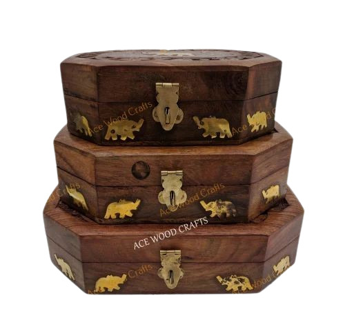 Sheesham Wood Hexagonal Flip Top Box - Sizes 6x4, 7x5, 8x5 Inches | Polished Finish, Intricate Carving, Brown Color