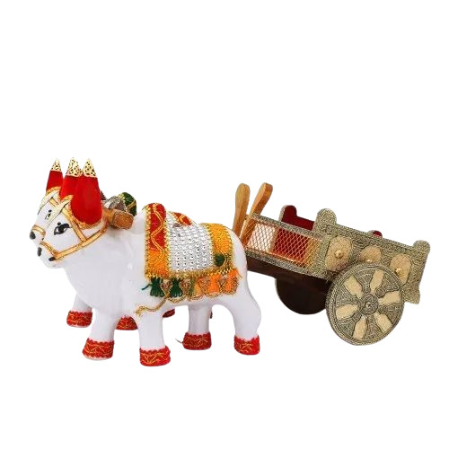 Handicraft Bull Cart - Wooden, 9"x6"x3" | Hand Made Craft in White, Features Wheel Cart and Bull Design, Perfect for Home Decor and Wedding Gifts