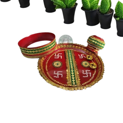Karva Chauth Thali Set - Stainless Steel, 12 Inches, Red | Durable, Easy to Clean, Eco-Friendly, Washable, Indian Regional Style