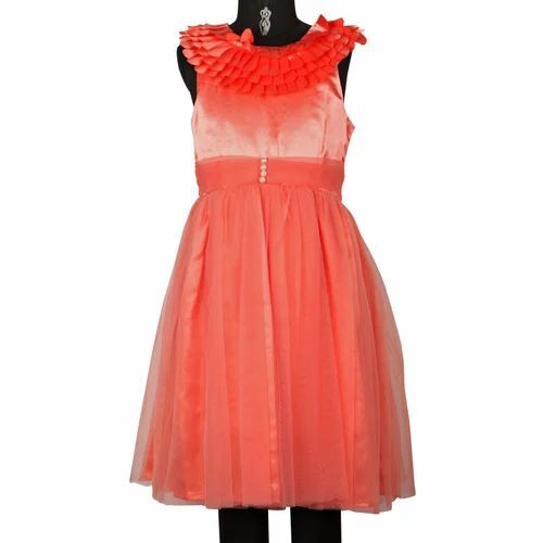 Kids Party Wear Dress - 100% Georgette, Sizes S-L , Red Color, Lightweight and Breathable | Sleeveless, Modern Style with Ribbons, Washable for Girls Ages 2-12