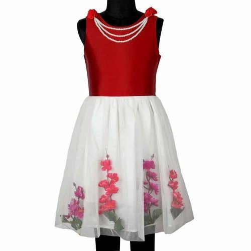 Party Wear Kids Dress - 100% Pure Cotton , Light Weight and Breathable Sleeveless Design for Girls aged 2-12 Years in Red & White with Ribbons