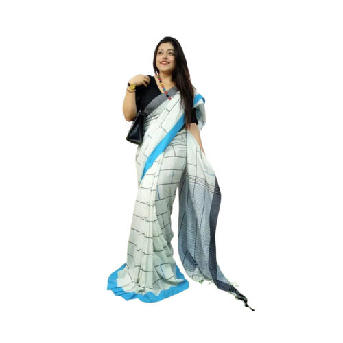 Pure Cotton Sarees - Modern Printed Design in White, Pink, Blue | Anti Shrink, Easy To Clean, Colorfastness