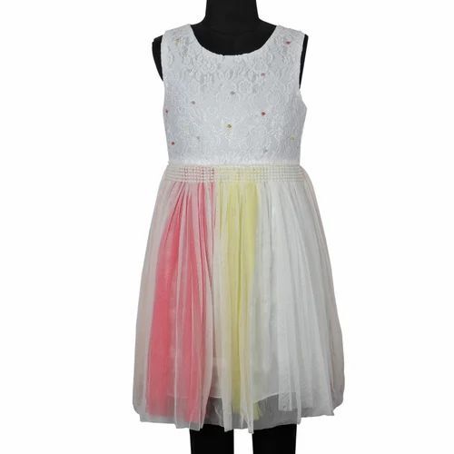 Round Neck Kids Party Wear Dress - 100% Cotton, Sizes S-XL, Multicolor | Sleeveless, Breathable, Washable, Embroidered with Ribbons