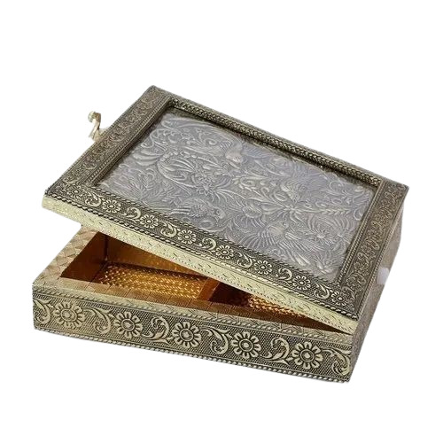 Elegant Handcrafted Wooden & Glass Square Dry Fruits Storage Box - 500 gms Capacity 4 Compartments | 8x8x2.5 Inch Golden Finish Made in India