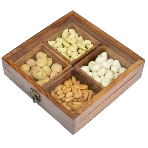 Square Wooden Dry Fruit Box - 8x8x2 Inch, 4 Compartments, Polished Brown Finish, Customizable Handicraft Design