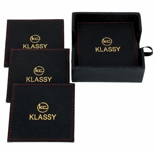 Leather Square Coaster Set - Black, Box Packaging with 6 Perfectly Shaped Coasters | Customize Size Options Available