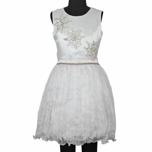 White Kids Party Wear Dress - Cotton Blend, Sizes S-XL, Color: White | Features: Light Weight, Breathable, Washable, Embroidered with Ribbons, Sleeveless, Modern Style, Round Neck, Ideal for Summer, Age Group: 2-12 Years