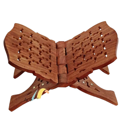Wooden Holy Book Stand - Medium Size, Polished Brown Finish | Handmade Wooden Design for Home Use