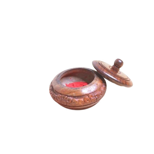 Wooden Sindoor Dani - Wooden, 3 Inch Round, Brown, Polished Finish | Exquisite Hand-carving, Intricate Hand-painting, Handmade Customizable Design