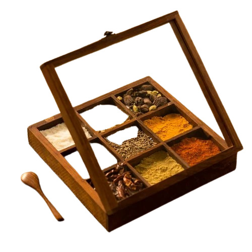 Wooden Spice Box - Sheesham Wood, Square Shape with 9 Compartments | Brown Color, Includes Spoon