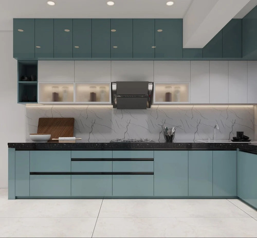Acrylic L Shape Modular Kitchen - Polished Finish,  Eco-Friendly Design, Blue Color | Modern Indian Style Perfect for Home