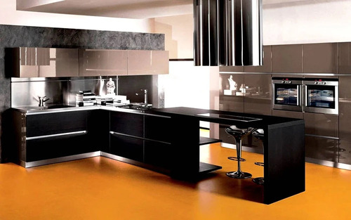 Aluminium Italian Modular Kitchen - L-Shape Design, Polished Modern Finish, Eco-Friendly Black Color