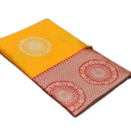 Banarasi Cotton Saree - 100% Cotton Silk, 6.3 m Length with Blouse Piece, Festive Yellow Printed Design, Light Weight and Breathable for Summer and Winter